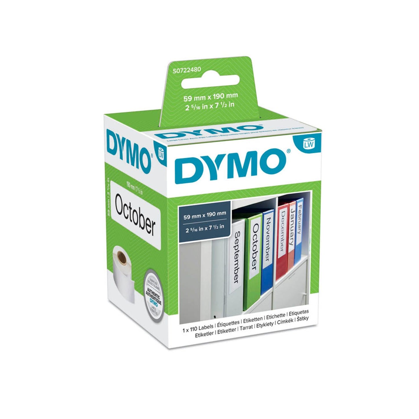 DYMO Etikettenrolle für Etikettendrucker weiß, 59,0 x 190,0 mm, 1 x 110 Etiketten | S0722480 | 1 Pack = 110 Etiketten