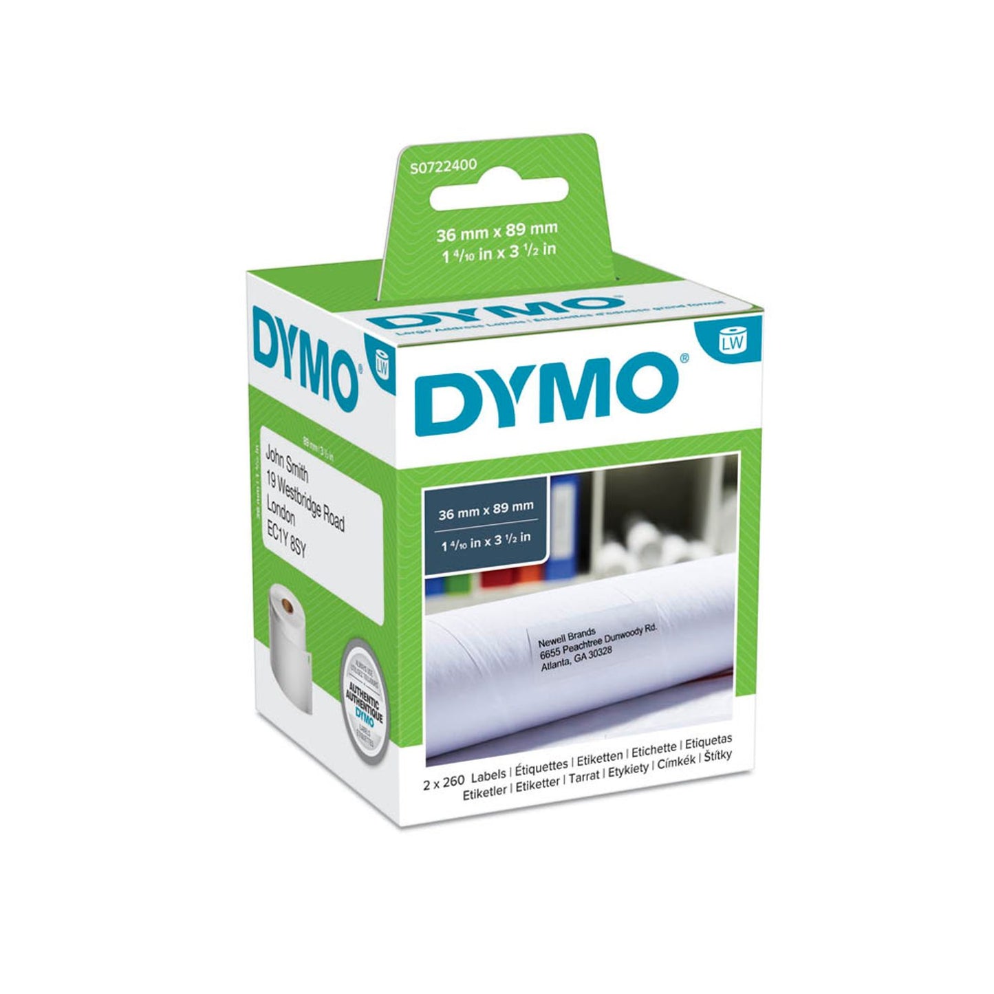 DYMO Etikettenrollen für Etikettendrucker weiß, 89,0 x 36,0 mm, 2 x 260 Etiketten | S0722400 | 1 Pack = 2x 260 Etiketten