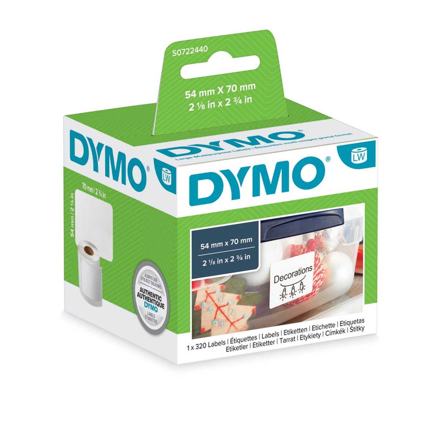 DYMO Etikettenrolle für Etikettendrucker weiß, 54,0 x 70,0 mm, 1 x 320 Etiketten | S0722440 | 1 Pack = 320 Etiketten