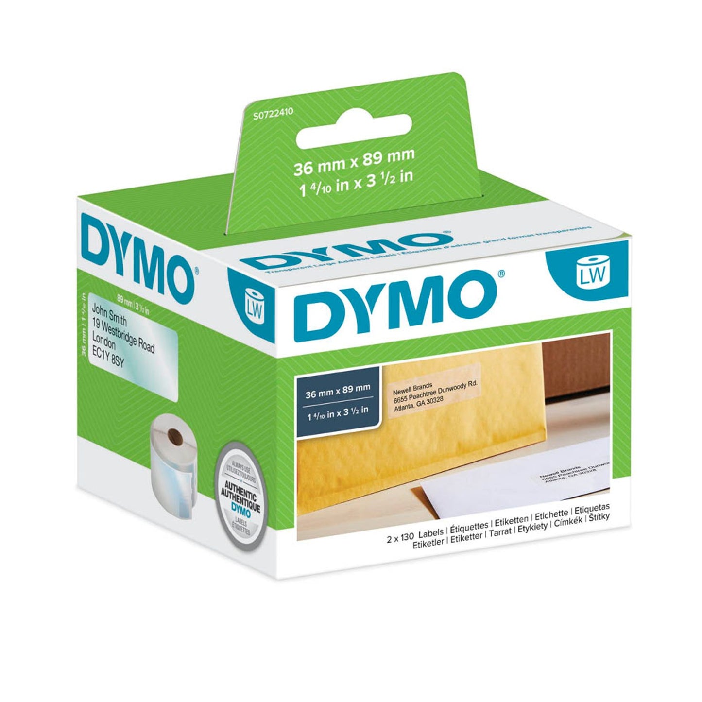 DYMO Etikettenrolle für Etikettendrucker transparent, 36,0 x 89,0 mm, 1 x 260 Etiketten | S0722410 | 1 Pack = 260 Etiketten
