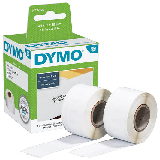 DYMO Etikettenrollen für Etikettendrucker weiß, 28,0 x 89,0 mm, 2 x 130 Etiketten | S0722370 | 1 Pack = 2x 130 Etiketten