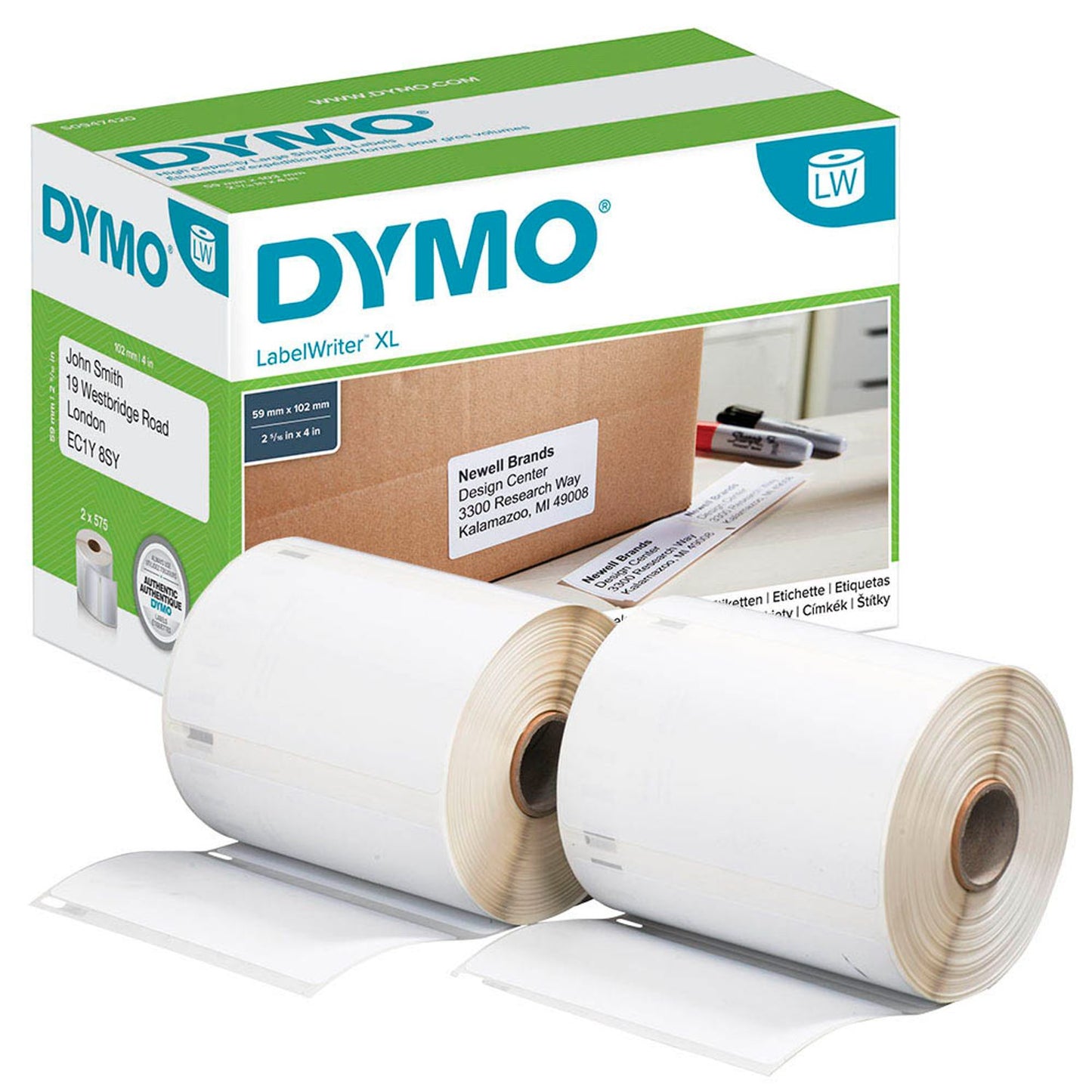 DYMO Etikettenrollen für Etikettendrucker weiß, 102,0 x 59,0 mm, 2 x 575 Etiketten | S0947420 | 1 Pack = 2x 575 Etiketten