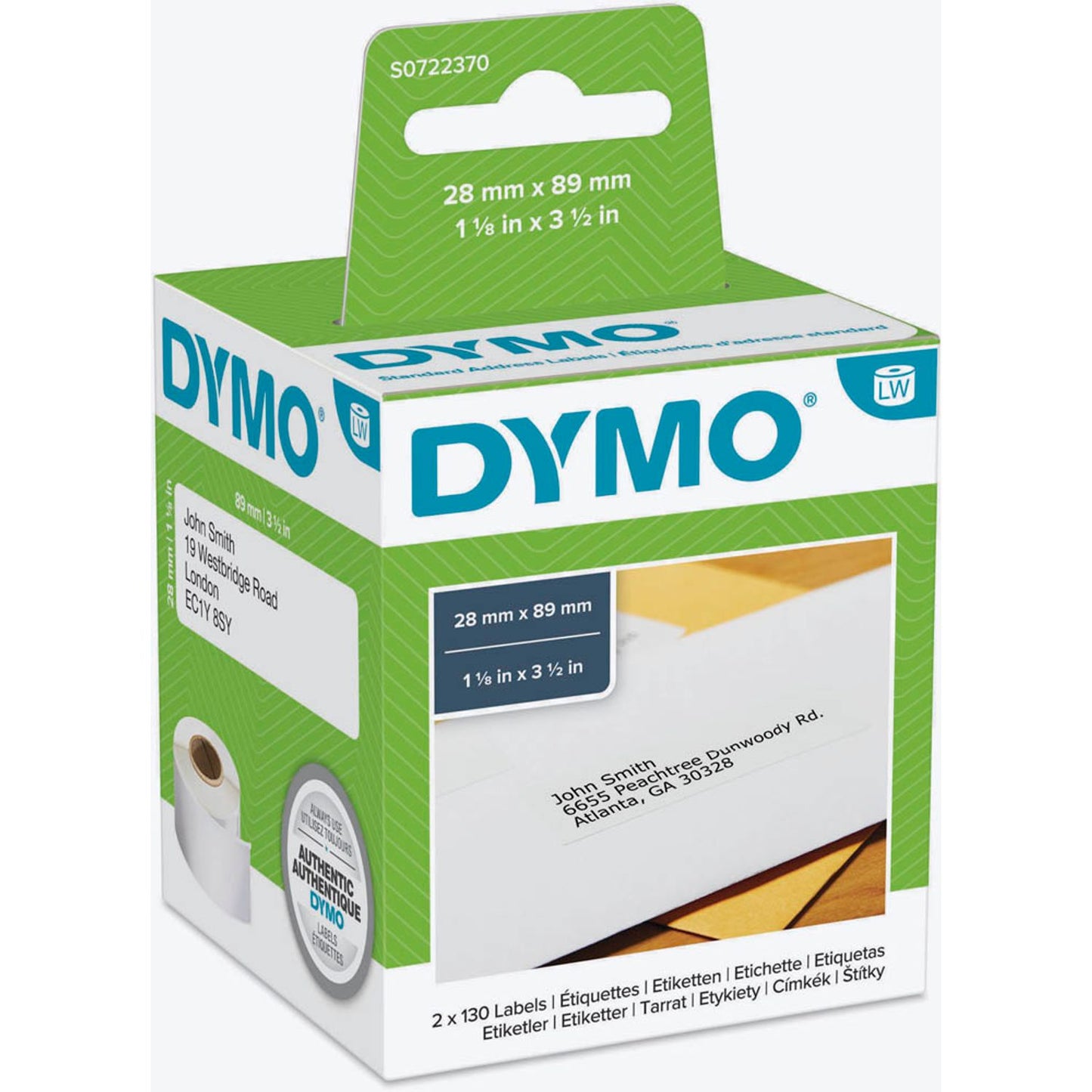 DYMO Etikettenrollen für Etikettendrucker weiß, 28,0 x 89,0 mm, 2 x 130 Etiketten | S0722370 | 1 Pack = 2x 130 Etiketten