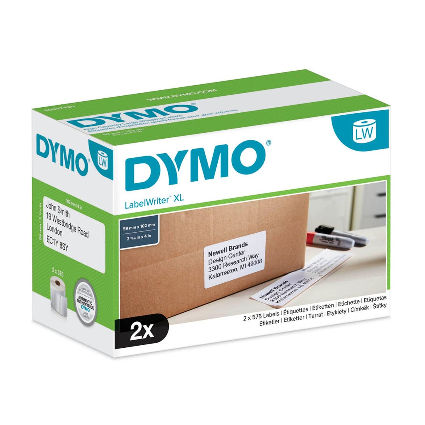 DYMO Etikettenrollen für Etikettendrucker weiß, 102,0 x 59,0 mm, 2 x 575 Etiketten | S0947420 | 1 Pack = 2x 575 Etiketten