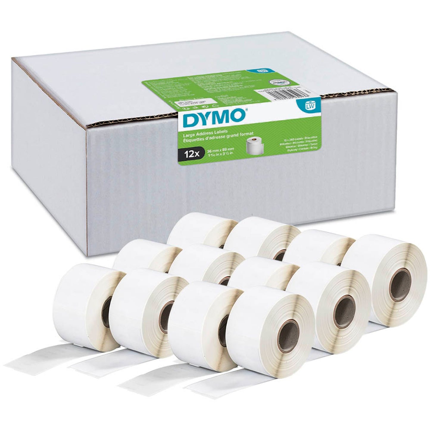DYMO Etikettenrollen für Etikettendrucker S0722400 weiß, 89,0 x 36,0 mm, 12 x 260 Etiketten | 2093093 | 1 Pack = 12x 260 Etiketten