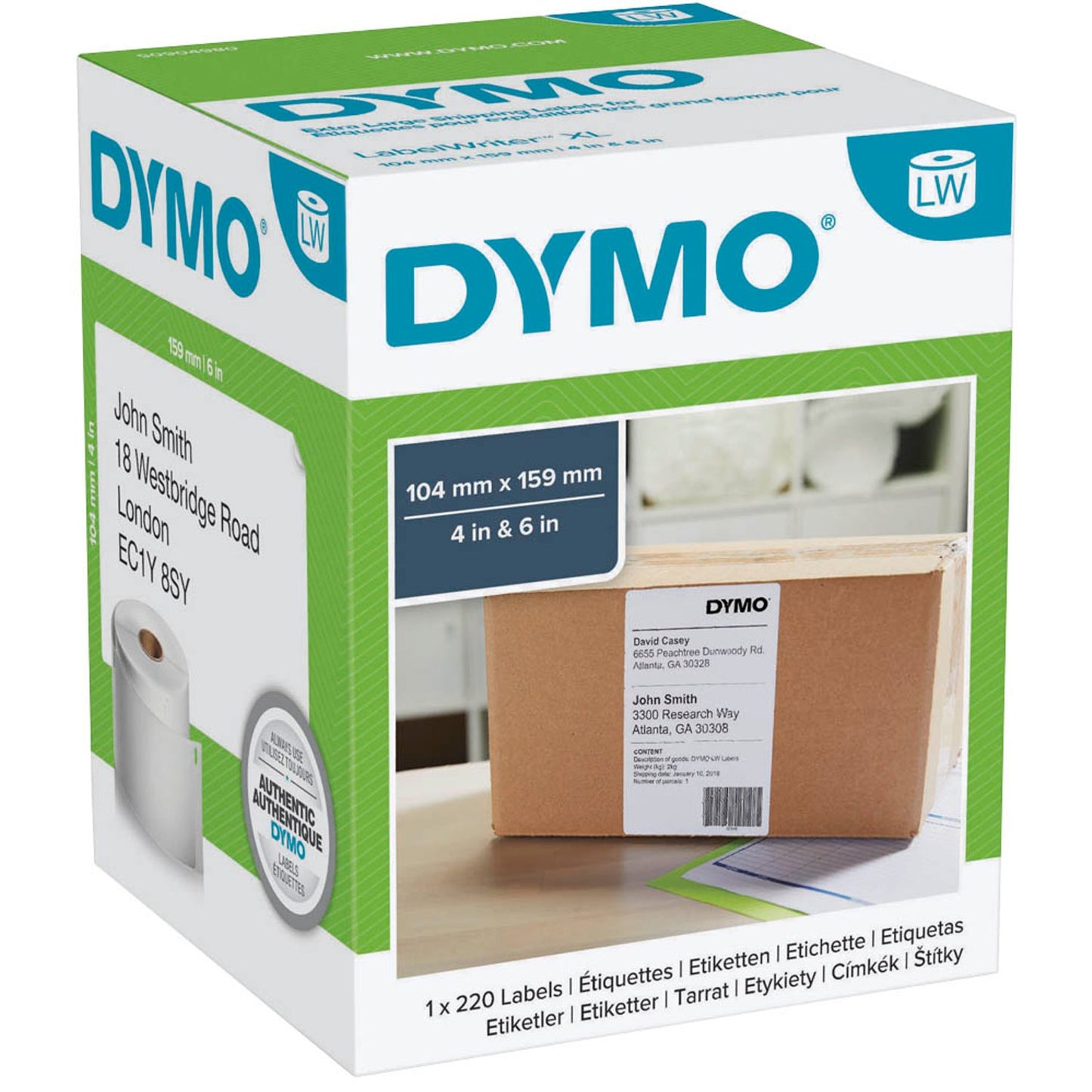 DYMO Etikettenrolle für Etikettendrucker weiß, 104,0 x 159,0 mm, 1 x 220 Etiketten | S0904980 | 1 Pack = 220 Etiketten