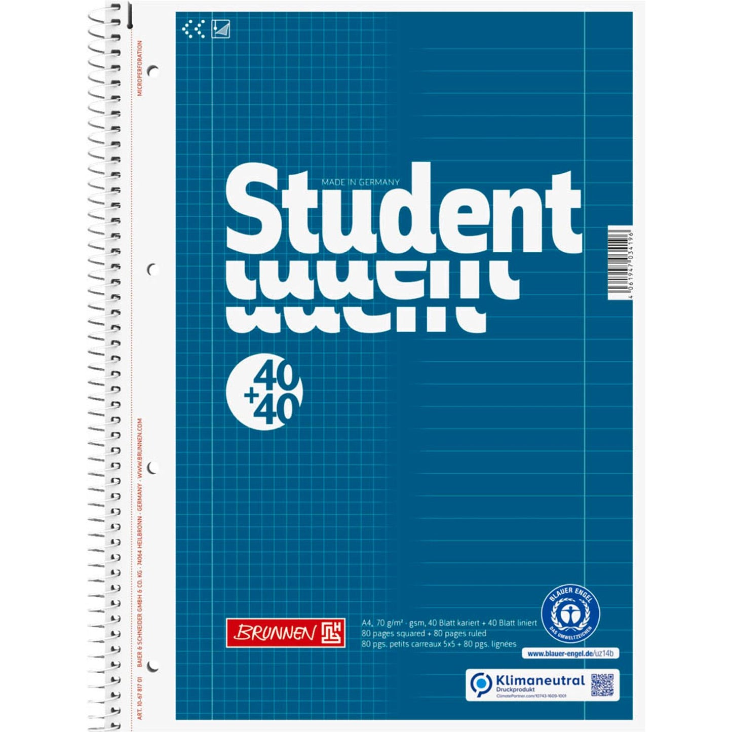 BRUNNEN Collegeblock Student DUO Lineatur 27 und 28 liniert und kariert DIN A4 Innen- und Außenrand | 106781701
