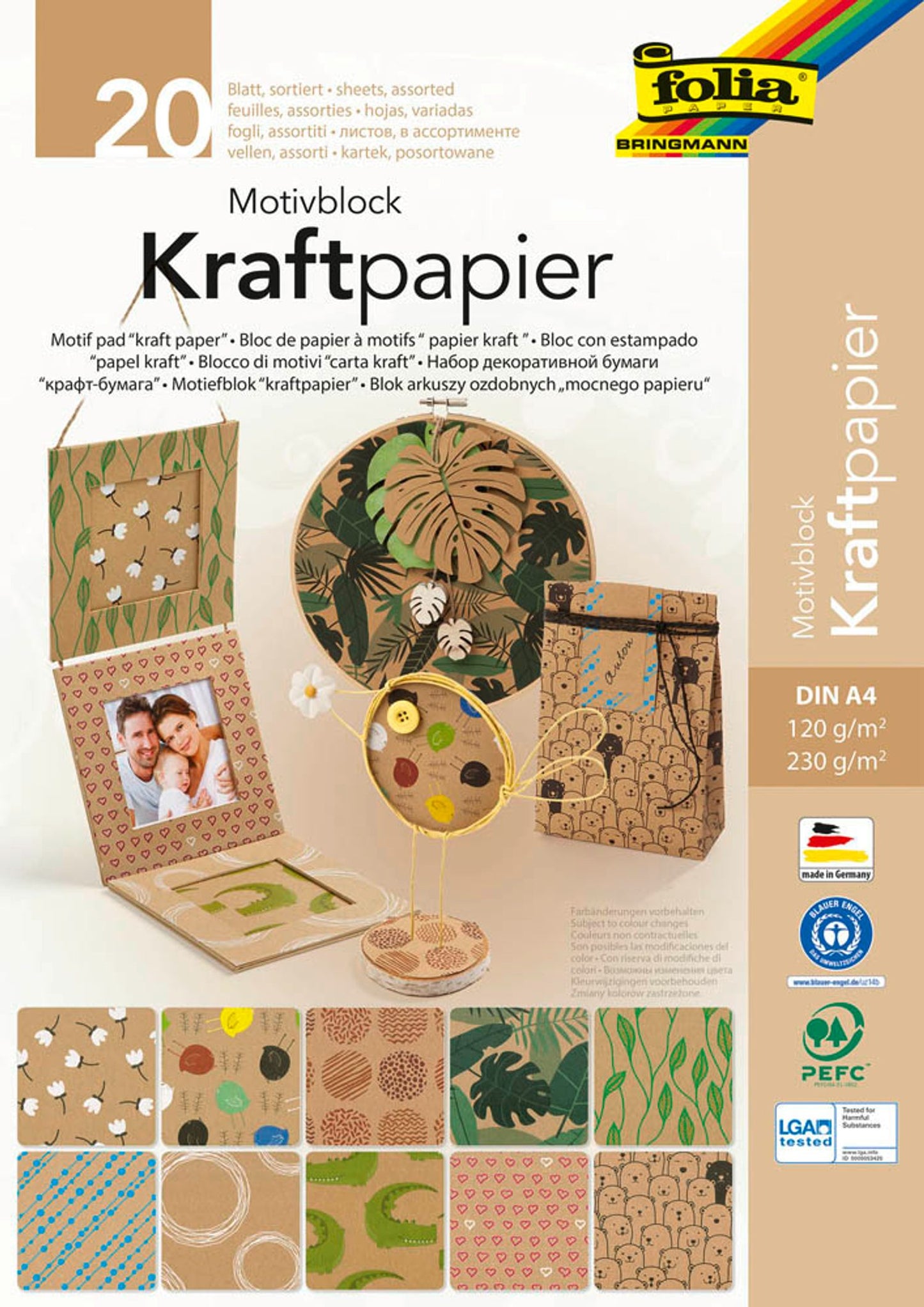 folia Motivblock Kraftpapier  farbsortiert 120/230 g/qm 20 Blatt