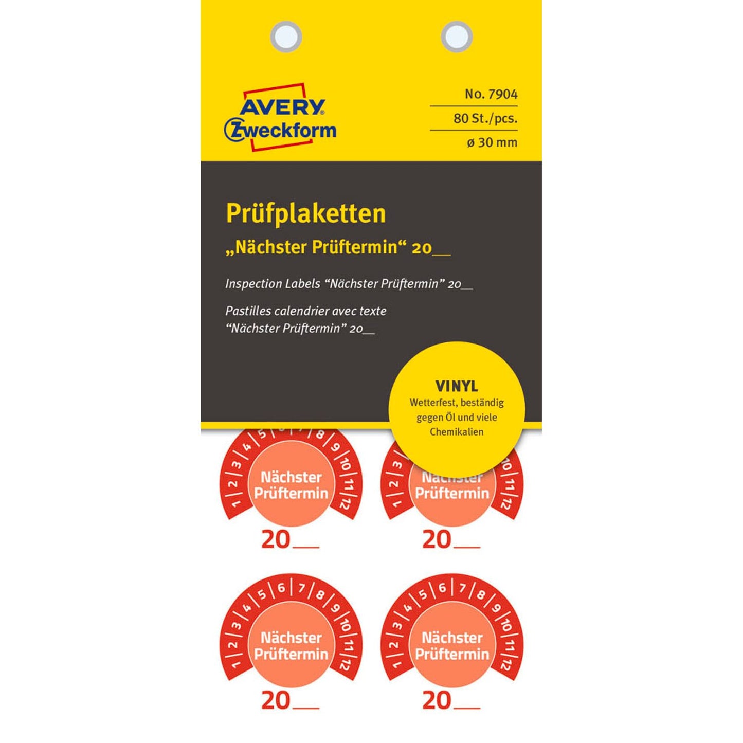 AVERY Zweckform Prüfplaketten rot 30,0 x 30,0 mm | 7904 | 1 Pack = 10 Blatt