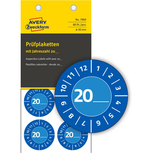 AVERY Zweckform Prüfplaketten blau 30,0 x 30,0 mm | 7903 | 1 Pack = 10 Blatt