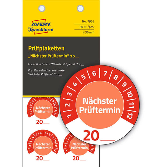 AVERY Zweckform Prüfplaketten rot 30,0 x 30,0 mm | 7904 | 1 Pack = 10 Blatt