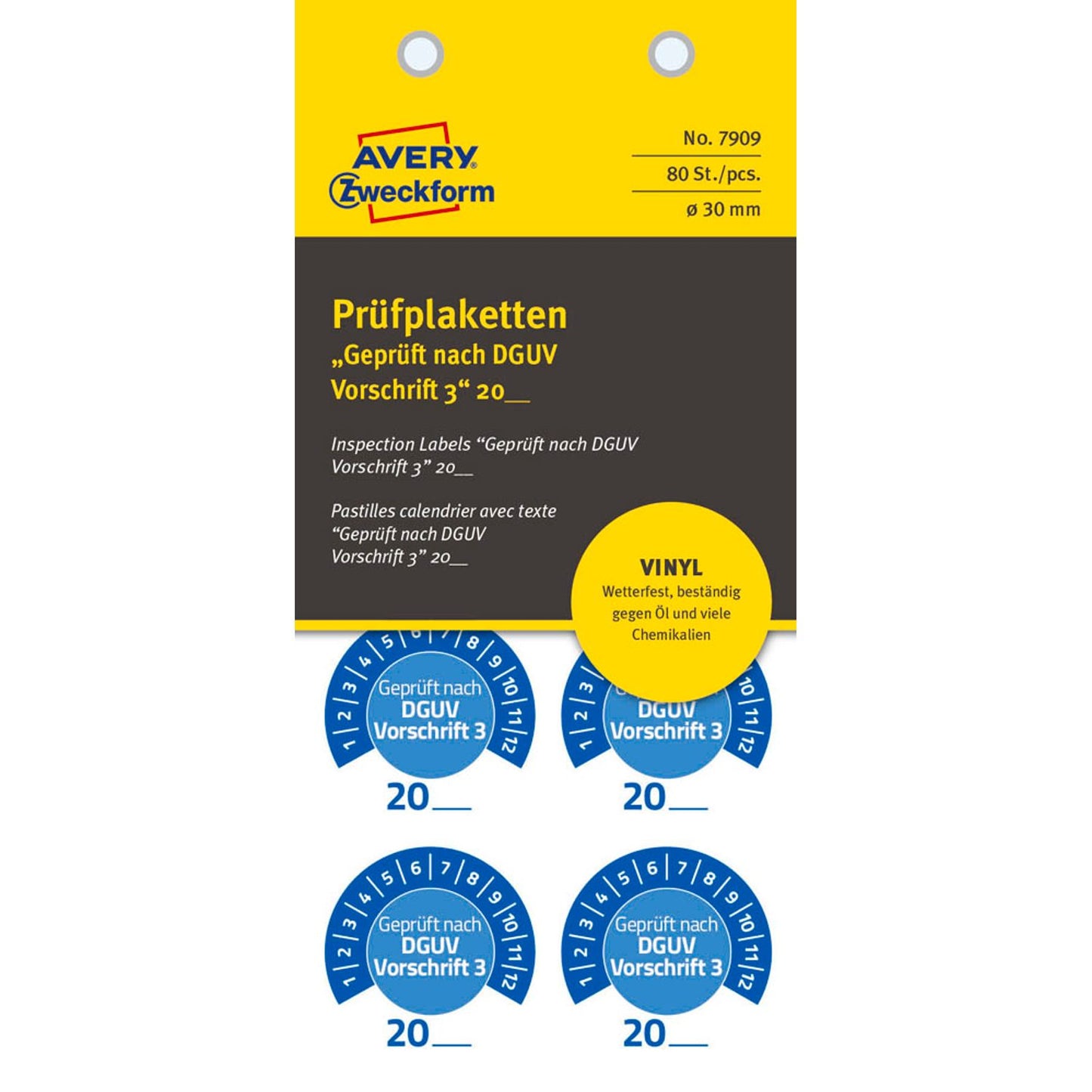 AVERY Zweckform Prüfplaketten blau 30,0 x 30,0 mm | 7909 | 1 Pack = 10 Blatt