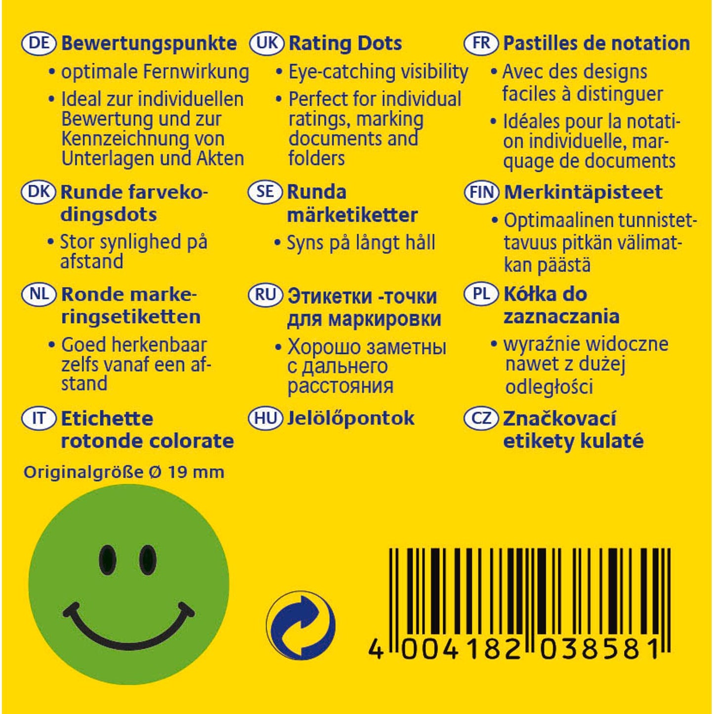 AVERY Zweckform Bewertungspunkte Gesicht, grün, 250 Etiketten | 3858 | 1 Rolle = 250 St.