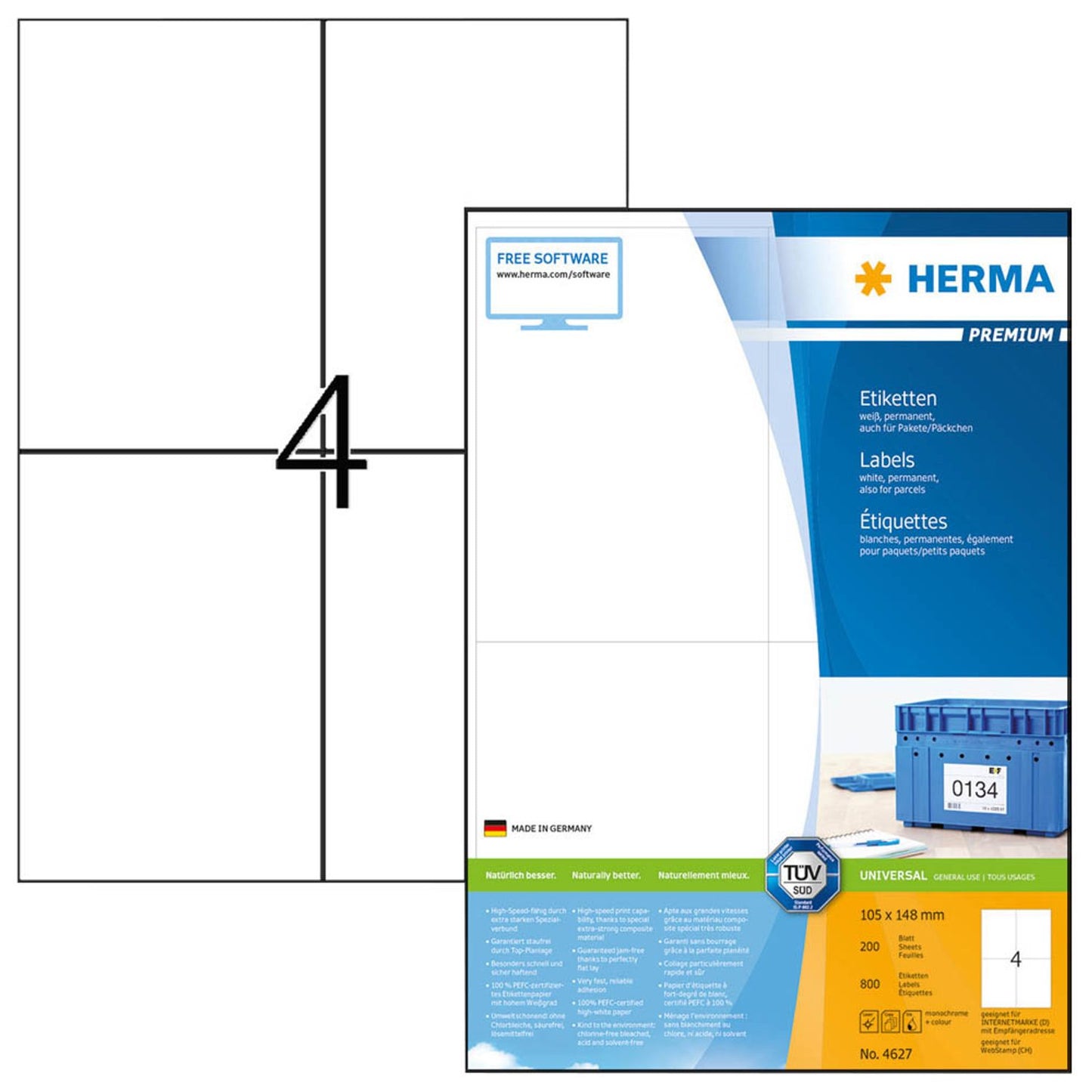 HERMA Etiketten weiß 105,0 x 148,0 mm | 4627 | 1 Pack = 200 Blatt