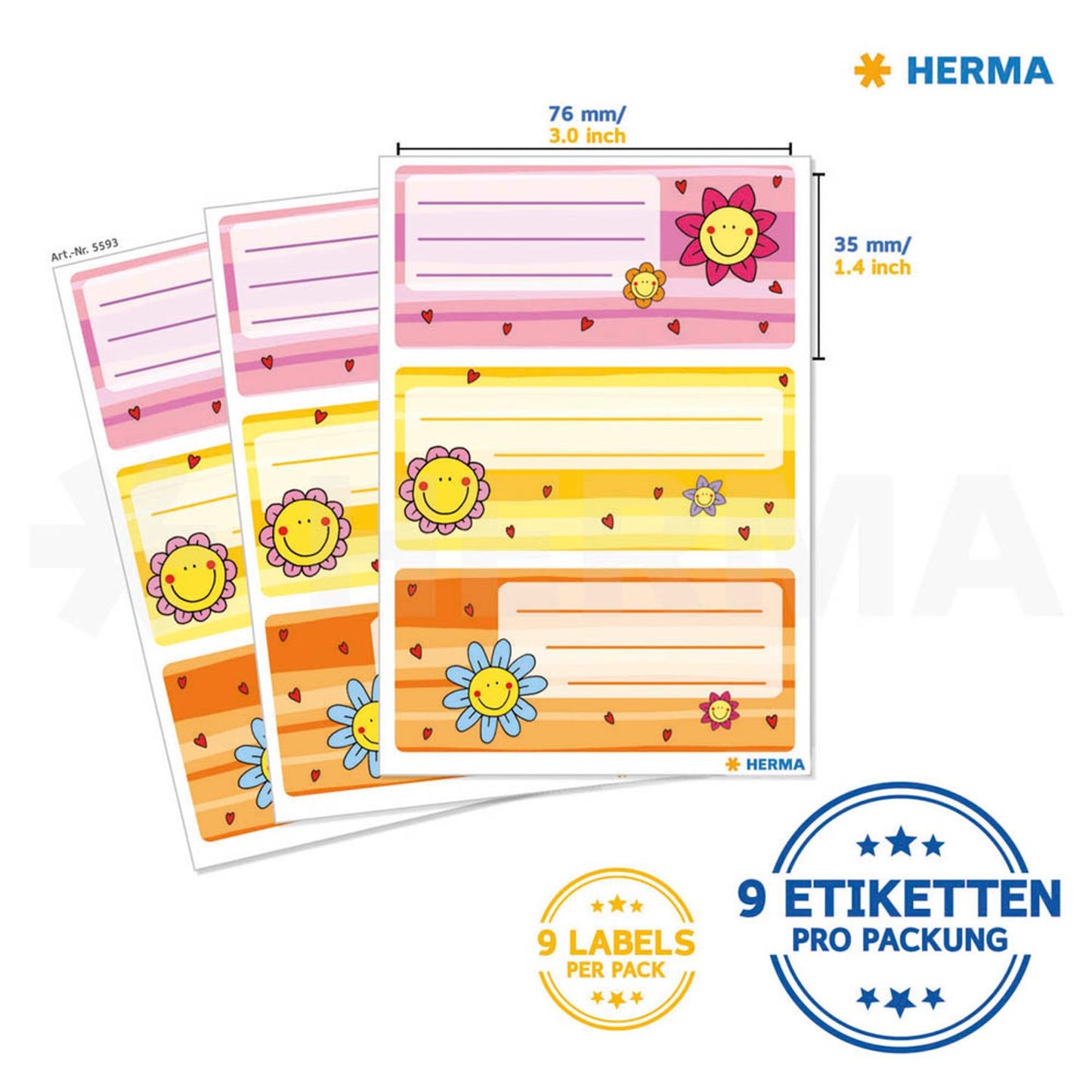 HERMA Schuletiketten Blume, 9 Etiketten | 5593 | 1 Pack = 9 St.