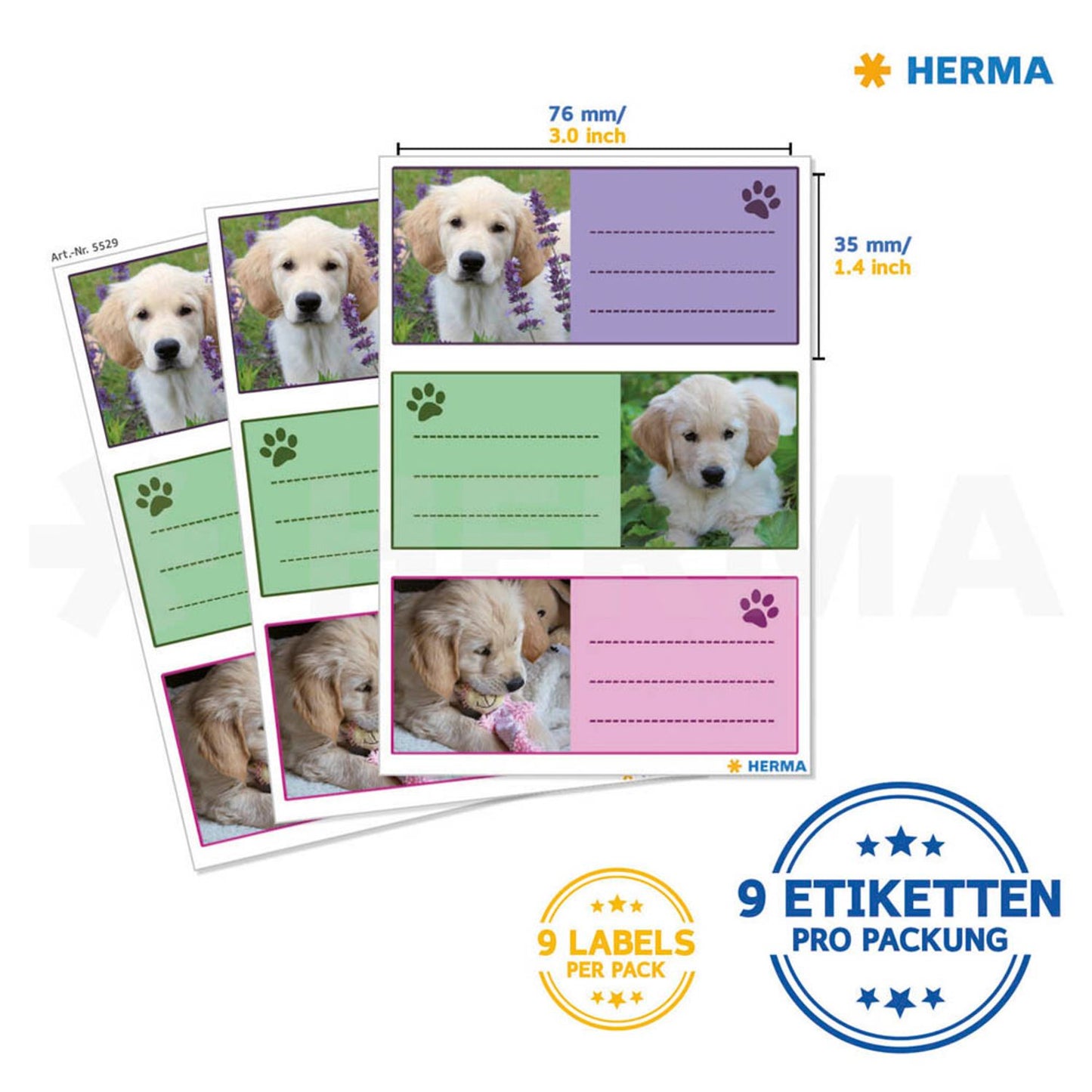 HERMA Schuletiketten Hunde, 9 Etiketten | 5529 | 1 Pack = 9 St.