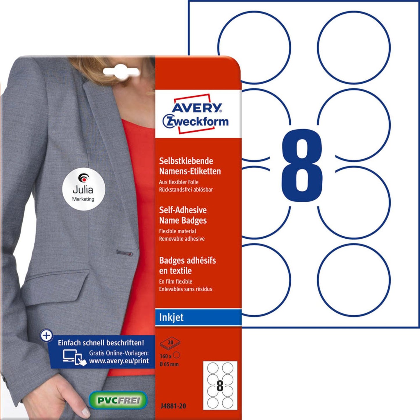 AVERY Zweckform Namensetiketten weiß 65,0 x 65,0 mm | J4881-20 | 1 Pack = 20 Blatt