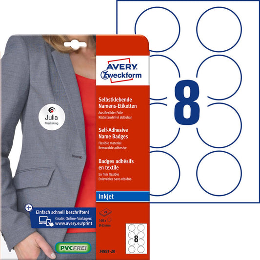 AVERY Zweckform Namensetiketten weiß 65,0 x 65,0 mm | J4881-20 | 1 Pack = 20 Blatt
