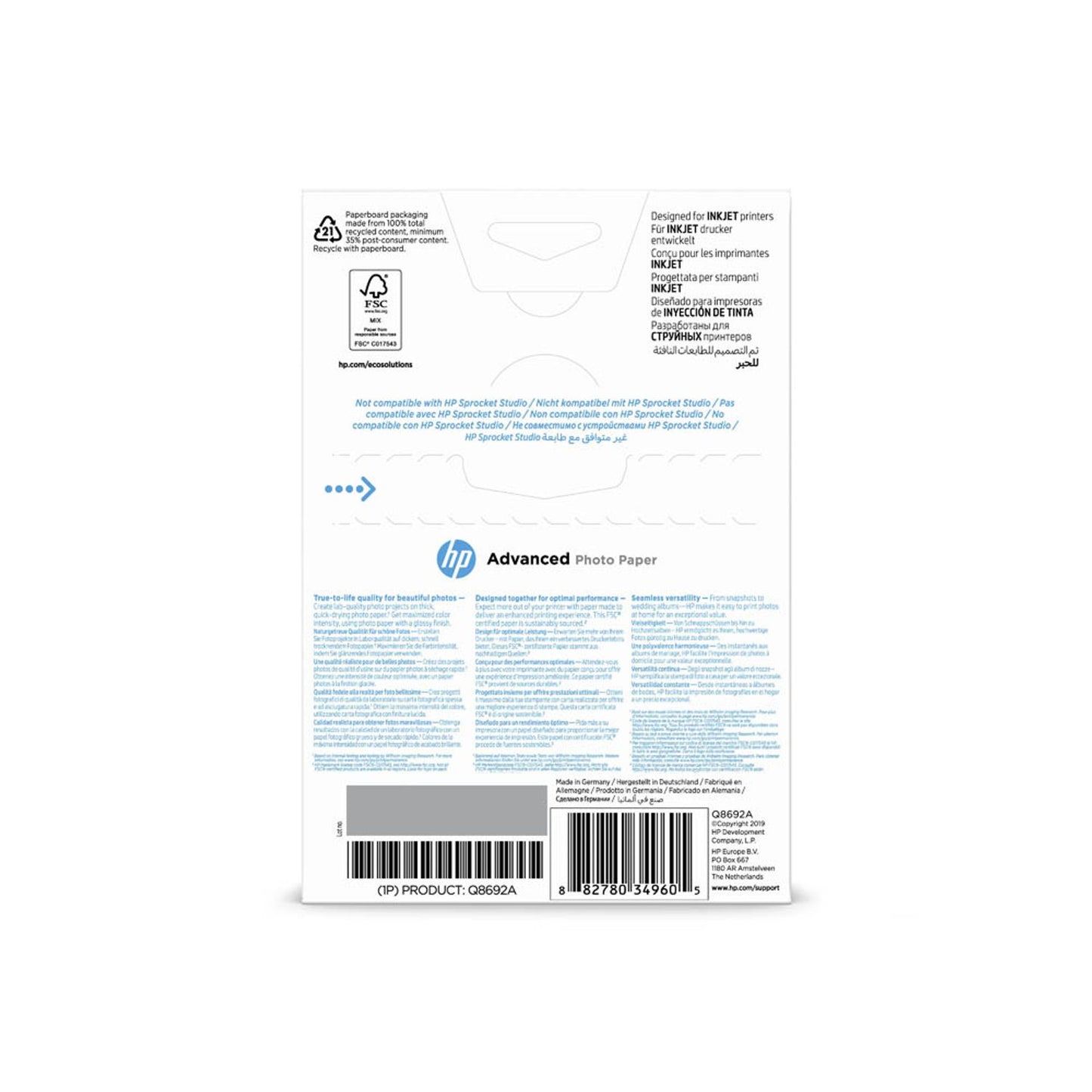 HP Fotopapier 10,0 x 15,0 cm glänzend 250 g/qm | Q8692A | 1 Pack = 100 Blatt