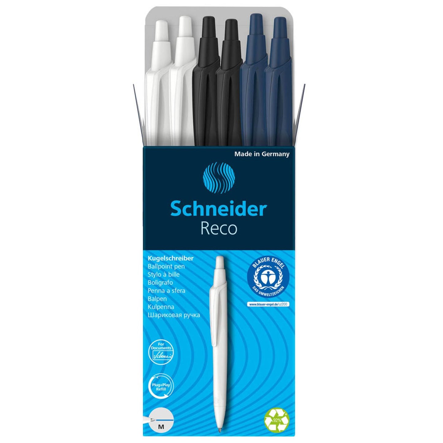 Schneider Kugelschreiber Reco farbsortiert, Schreibfarbe: blau | 131886 | 1 Pack = 6 St.