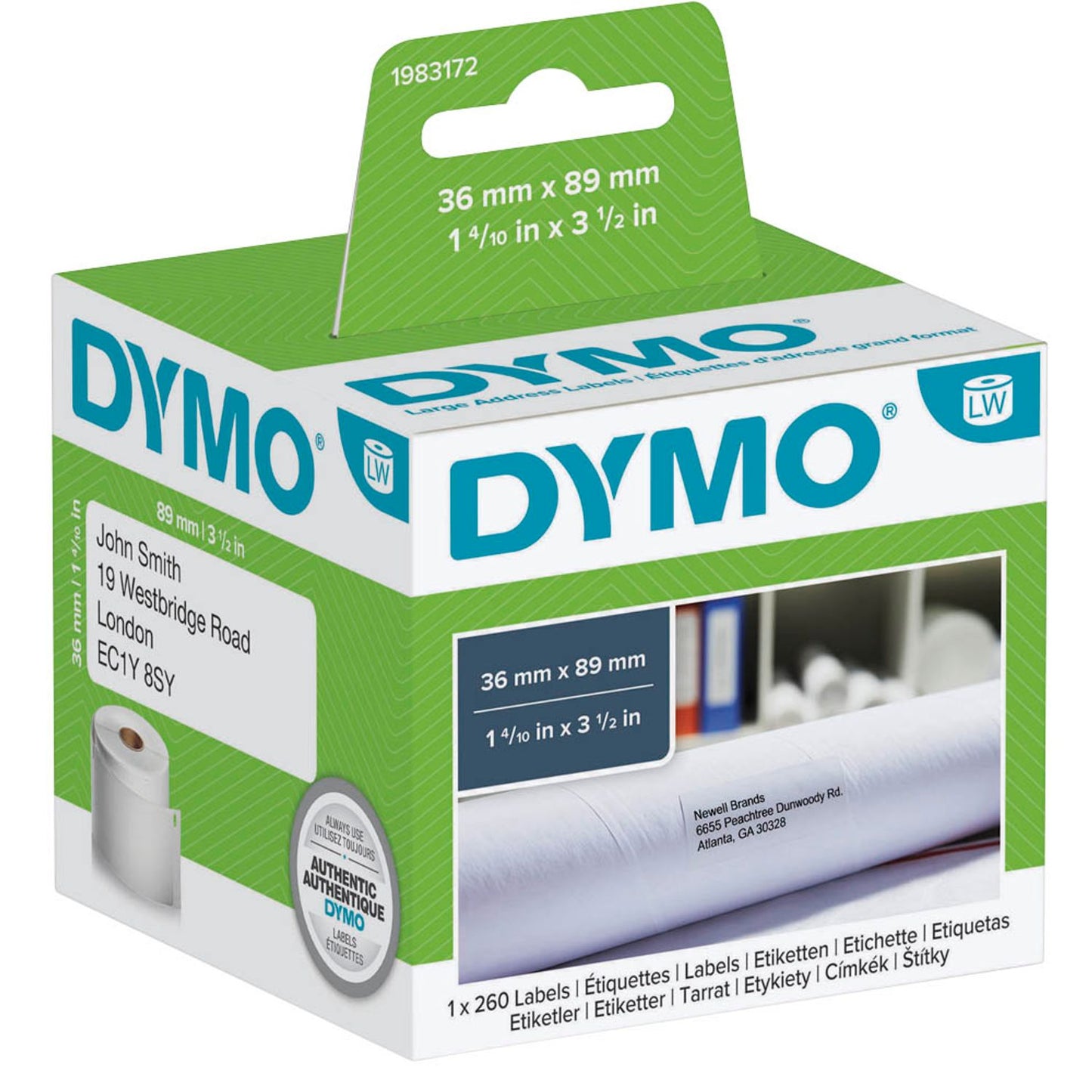 DYMO Etikettenrolle für Etikettendrucker weiß, 36,0 x 89,0 mm, 1 x 260 Etiketten | 1983172 | 1 Pack = 260 Etiketten