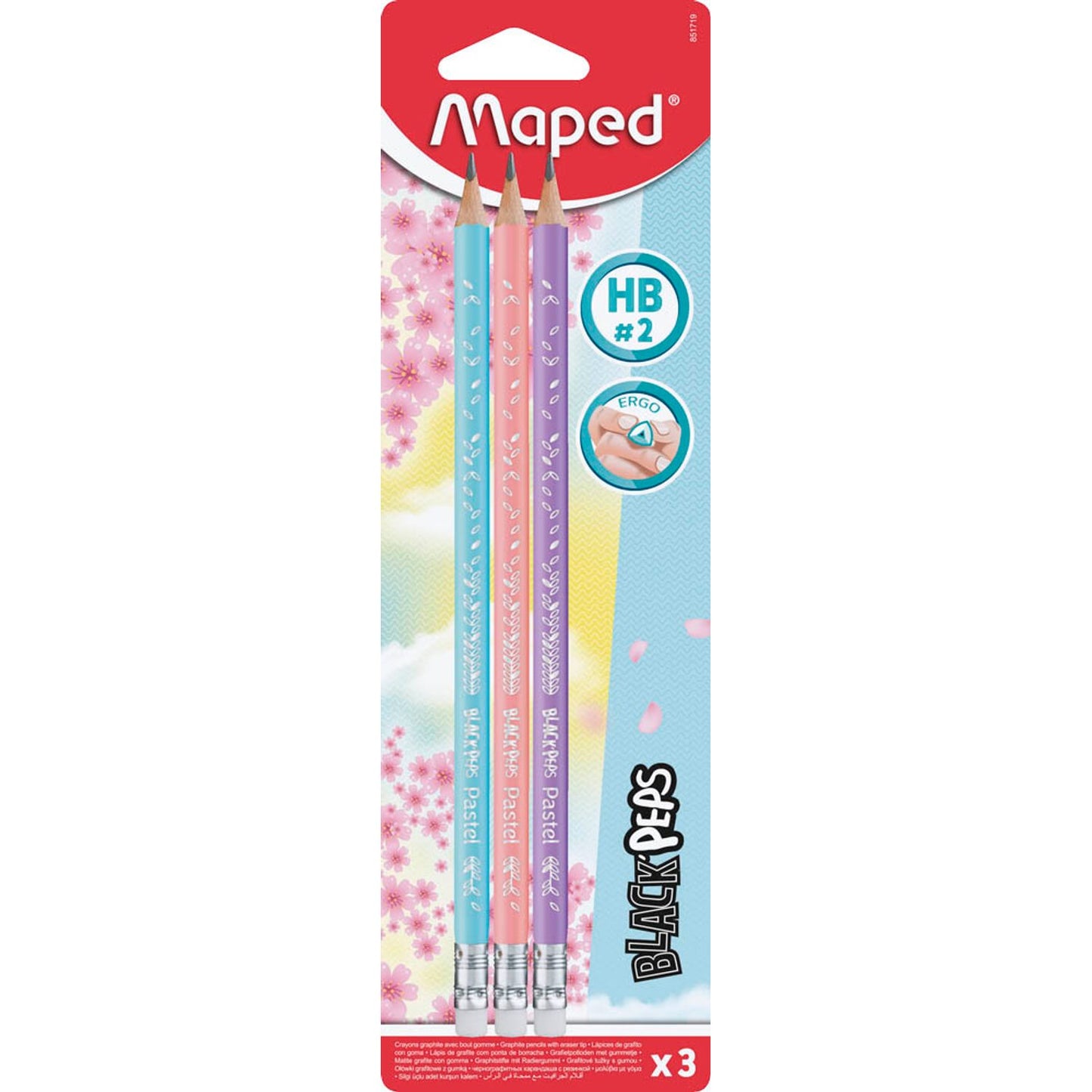 maped BLACK'PEPS Bleistifte HB rose, hellblau, flieder mit Radierer | 851719 | 1 Pack = 3 St.