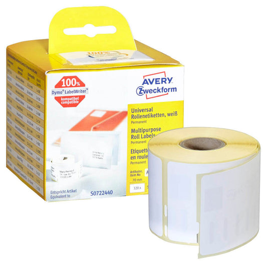 AVERY Zweckform Etikettenrolle für Etikettendrucker weiß, 70,0 x 54,0 mm, 1 x 320 Etiketten | AS0722440 | 1 Pack = 320 Etiketten