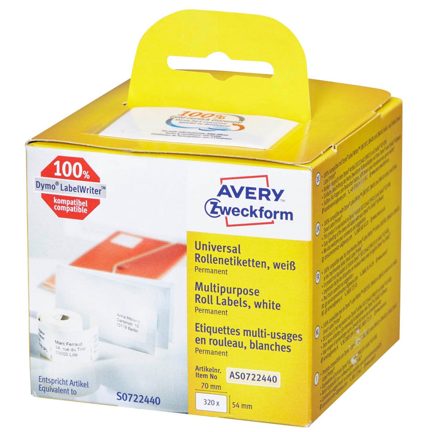 AVERY Zweckform Etikettenrolle für Etikettendrucker weiß, 70,0 x 54,0 mm, 1 x 320 Etiketten | AS0722440 | 1 Pack = 320 Etiketten