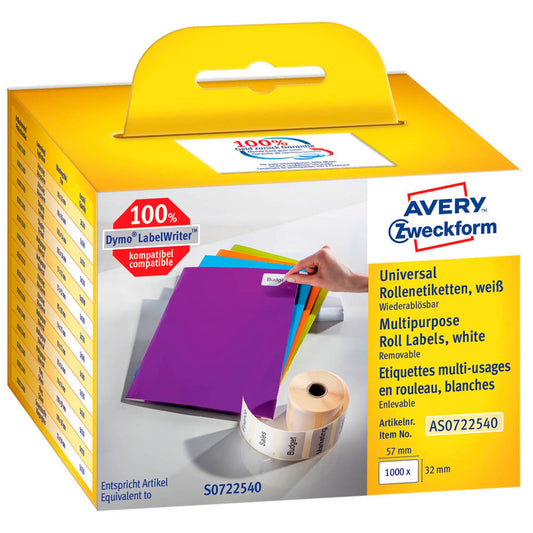 AVERY Zweckform Etikettenrolle für Etikettendrucker weiß, 57,0 x 32,0 mm, 1 x 1.000 Etiketten | AS0722540 | 1 Pack = 1.000 Etiketten