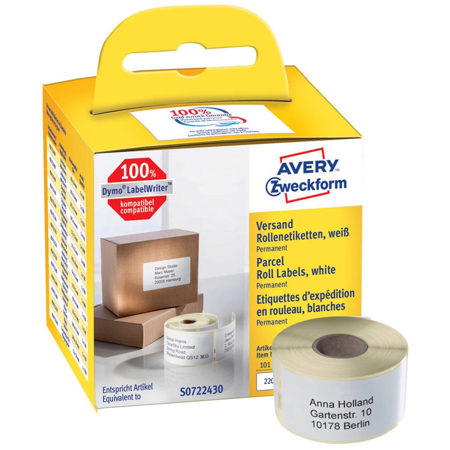 AVERY Zweckform Etikettenrolle für Etikettendrucker weiß, 101,0 x 54,0 mm, 1 x 220 Etiketten | AS0722430 | 1 Pack = 220 Etiketten
