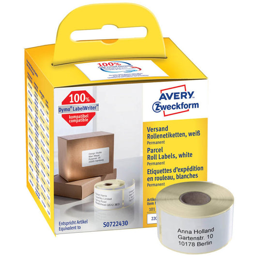 AVERY Zweckform Etikettenrolle für Etikettendrucker weiß, 101,0 x 54,0 mm, 1 x 220 Etiketten | AS0722430 | 1 Pack = 220 Etiketten