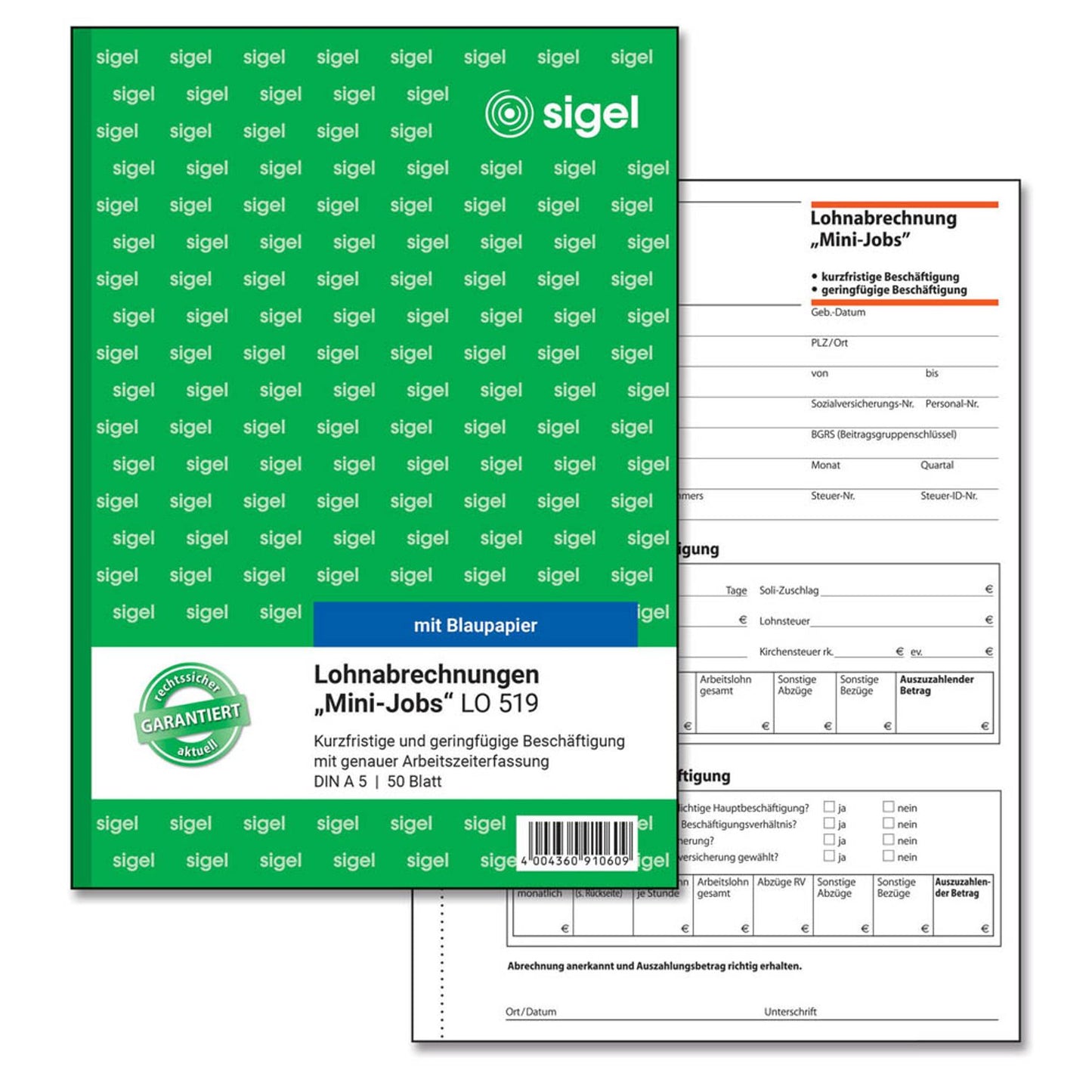 SIGEL Lohnabrechnung für geringfügig/kurzfristig Beschäftigte Formularbuch | LO519