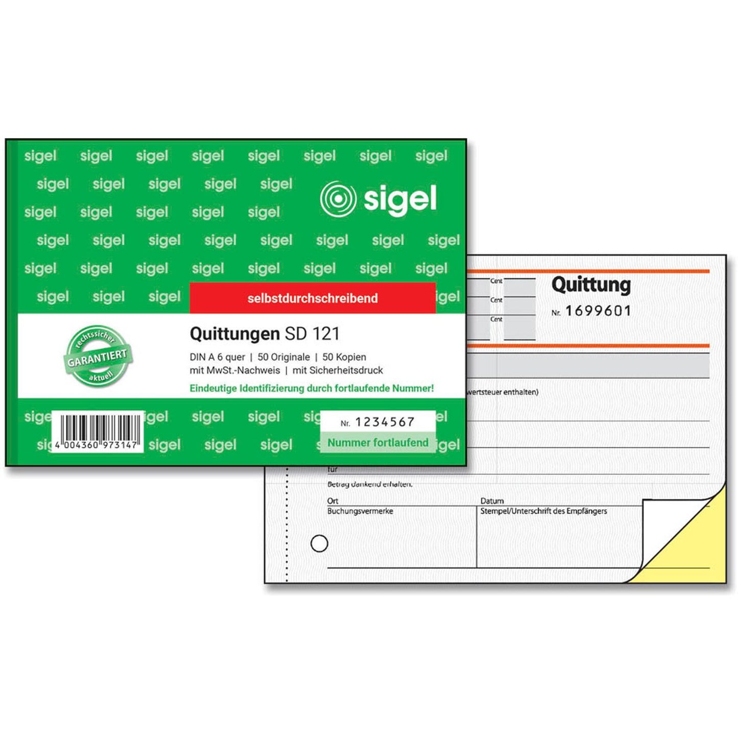 SIGEL Quittung mit MwSt. separat ausgewiesen, mit fortlaufenden Nummern Formularbuch | SD121