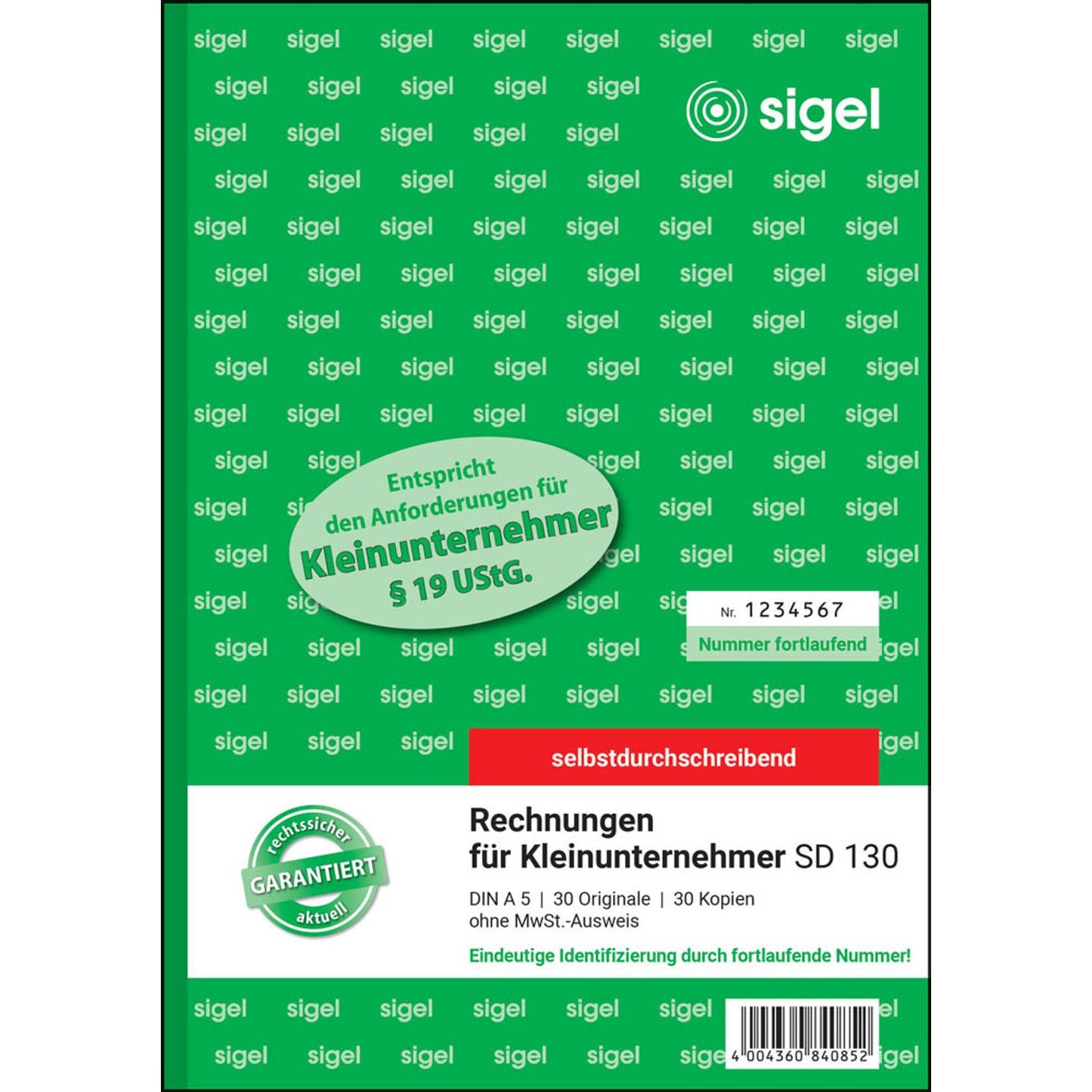 SIGEL Rechnung für Kleinunternehmer mit fortlaufenden Nummern (ohne MwSt.-Ausweis) Formularbuch | SD130