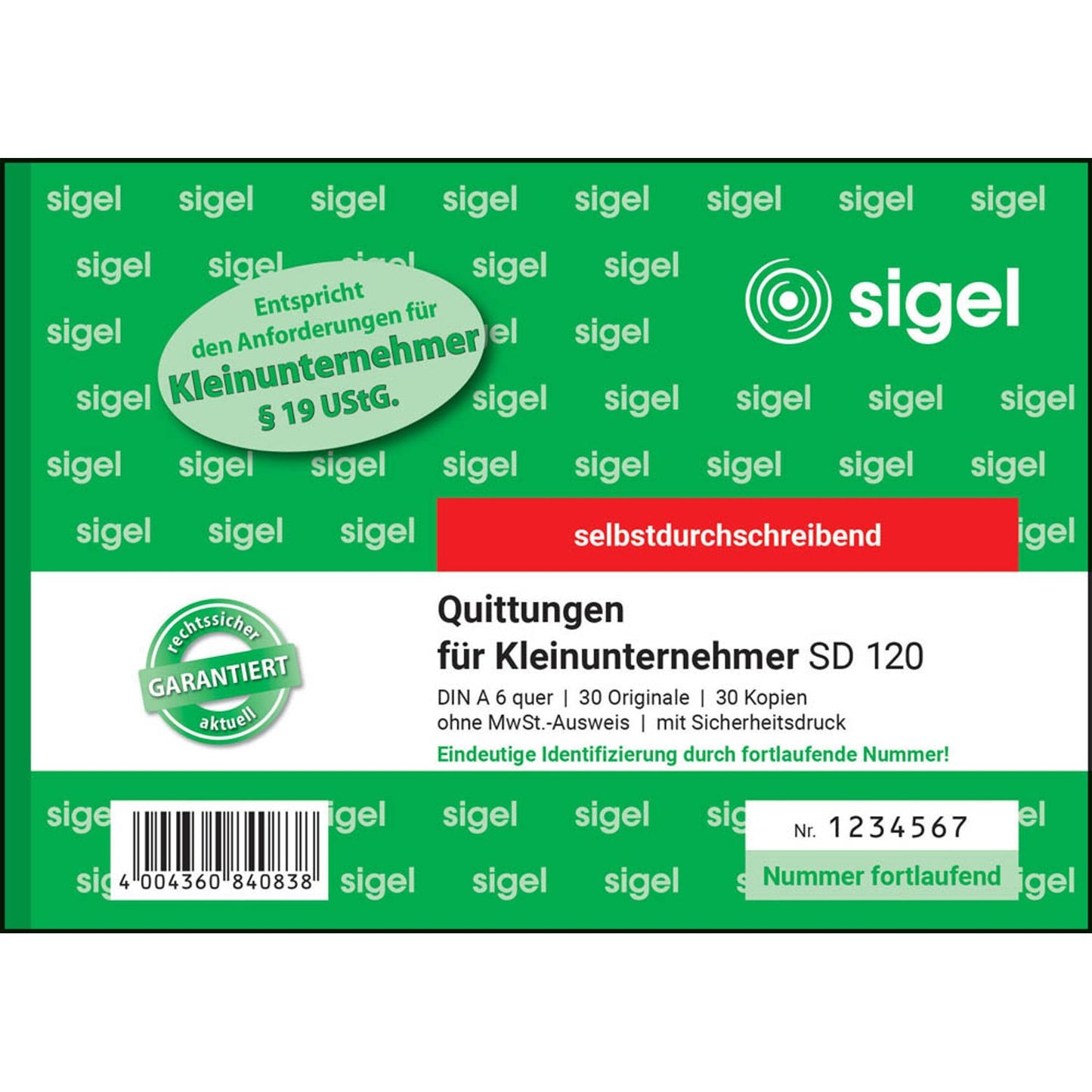 SIGEL Quittung für Kleinunternehmer (ohne MwSt.-Ausweis) Formularbuch | SD120