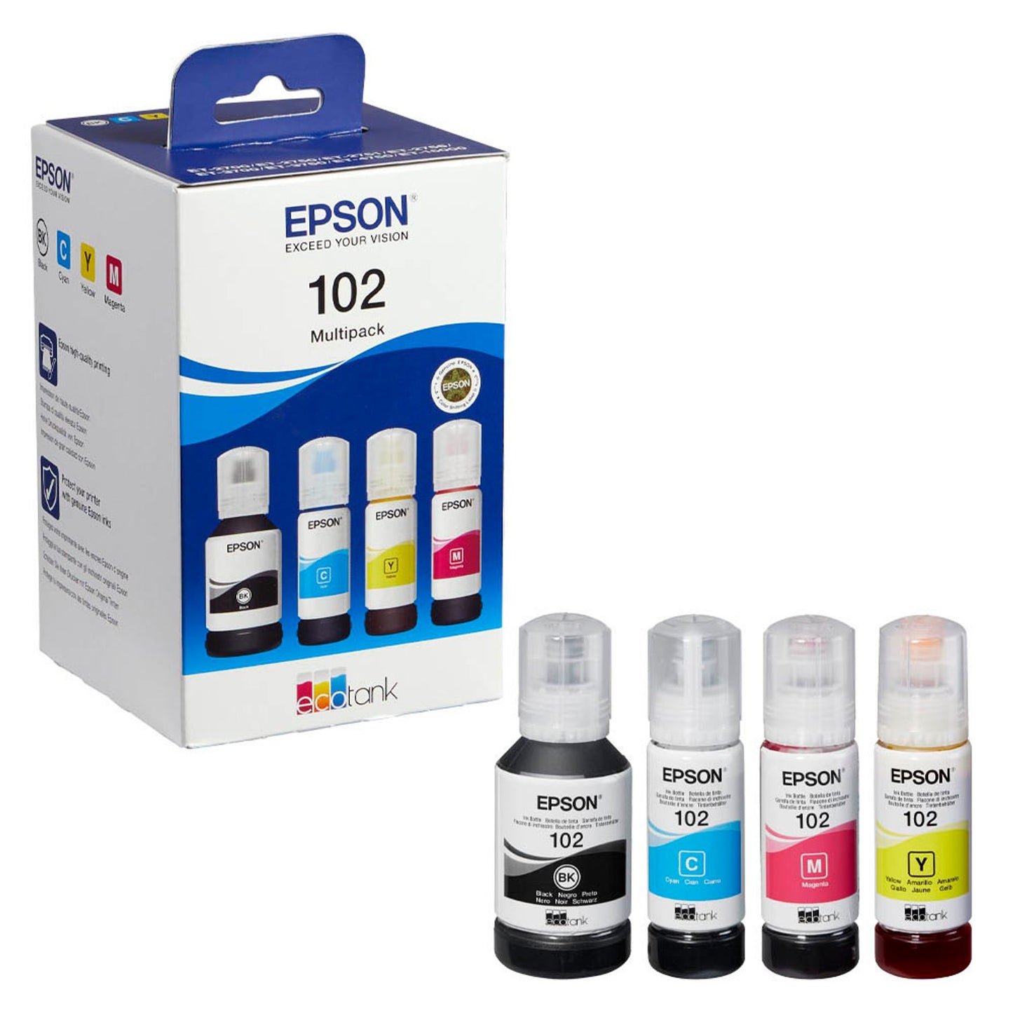 EPSON 102/T03R64 schwarz, cyan, magenta, gelb Tintenflaschen, 4er-Set | C13T03R640 | 1 Pack = 4 St.