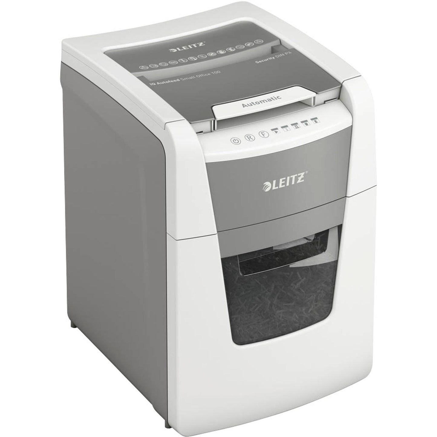 LEITZ IQ Autofeed Small Office 100 Aktenvernichter mit Partikelschnitt P-4, 4 x 28 mm, bis , weiß | 80110000