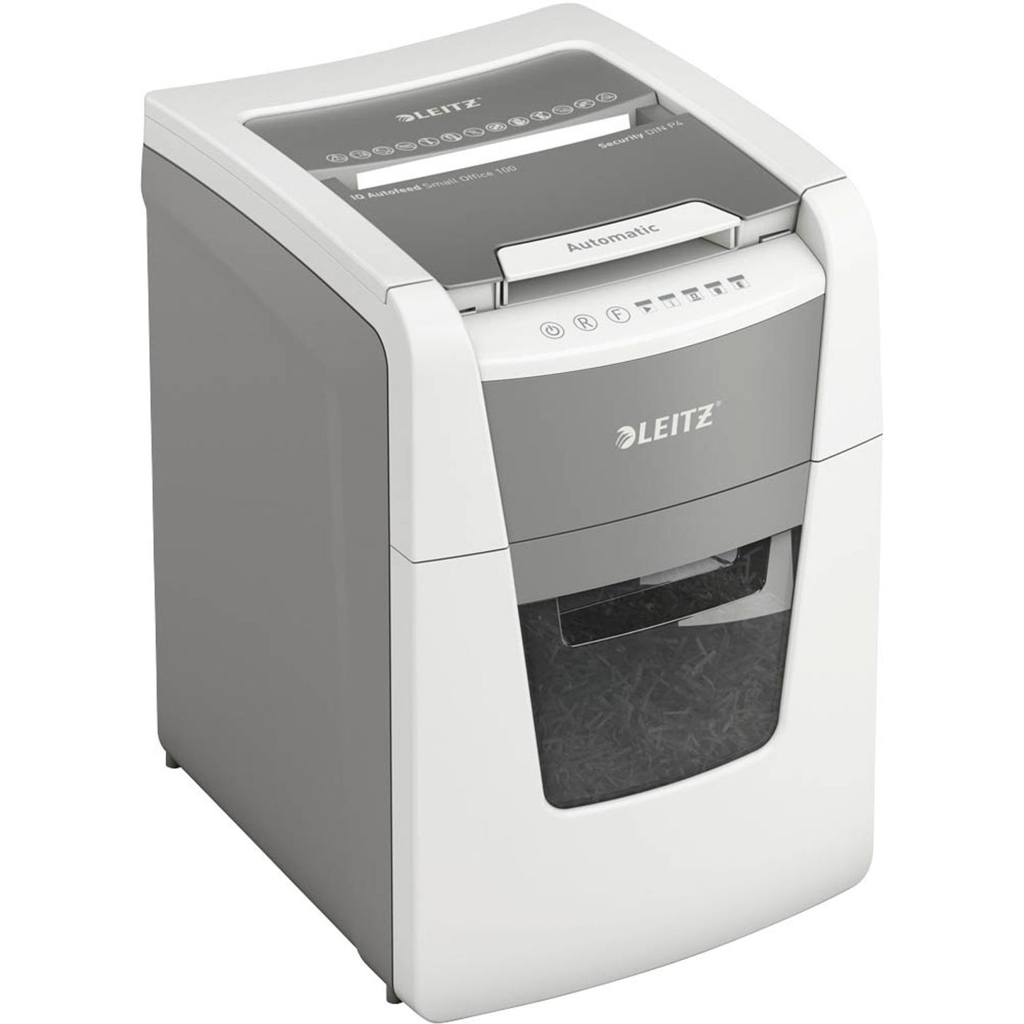 LEITZ IQ Autofeed Small Office 100 Aktenvernichter mit Partikelschnitt P-4, 4 x 28 mm, bis , weiß | 80110000