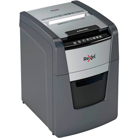 Rexel Optimum AutoFeed+100X Aktenvernichter mit Partikelschnitt P-4, 4 x 28 mm, bis , schwarz | 2020100,00 XEU