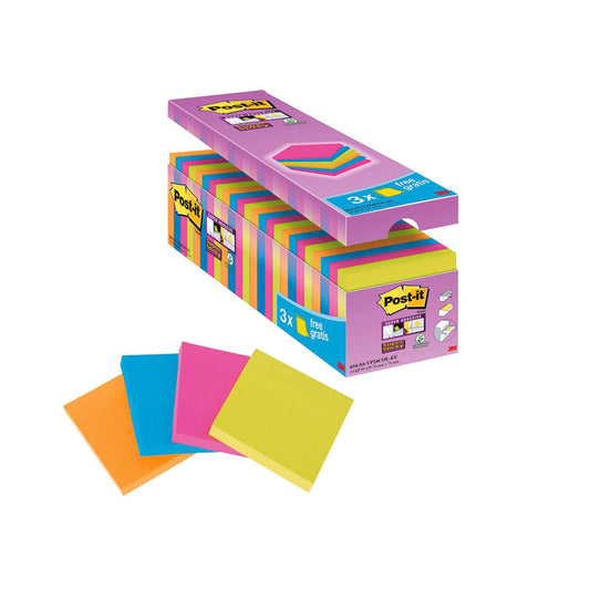 Post-it® + 3 GRATIS: Super Sticky Notes Haftnotizen farbsortiert, 21 Blöcke + GRATIS 3 Blöcke | 654SE24P | 1 Pack = 21 Blöcke