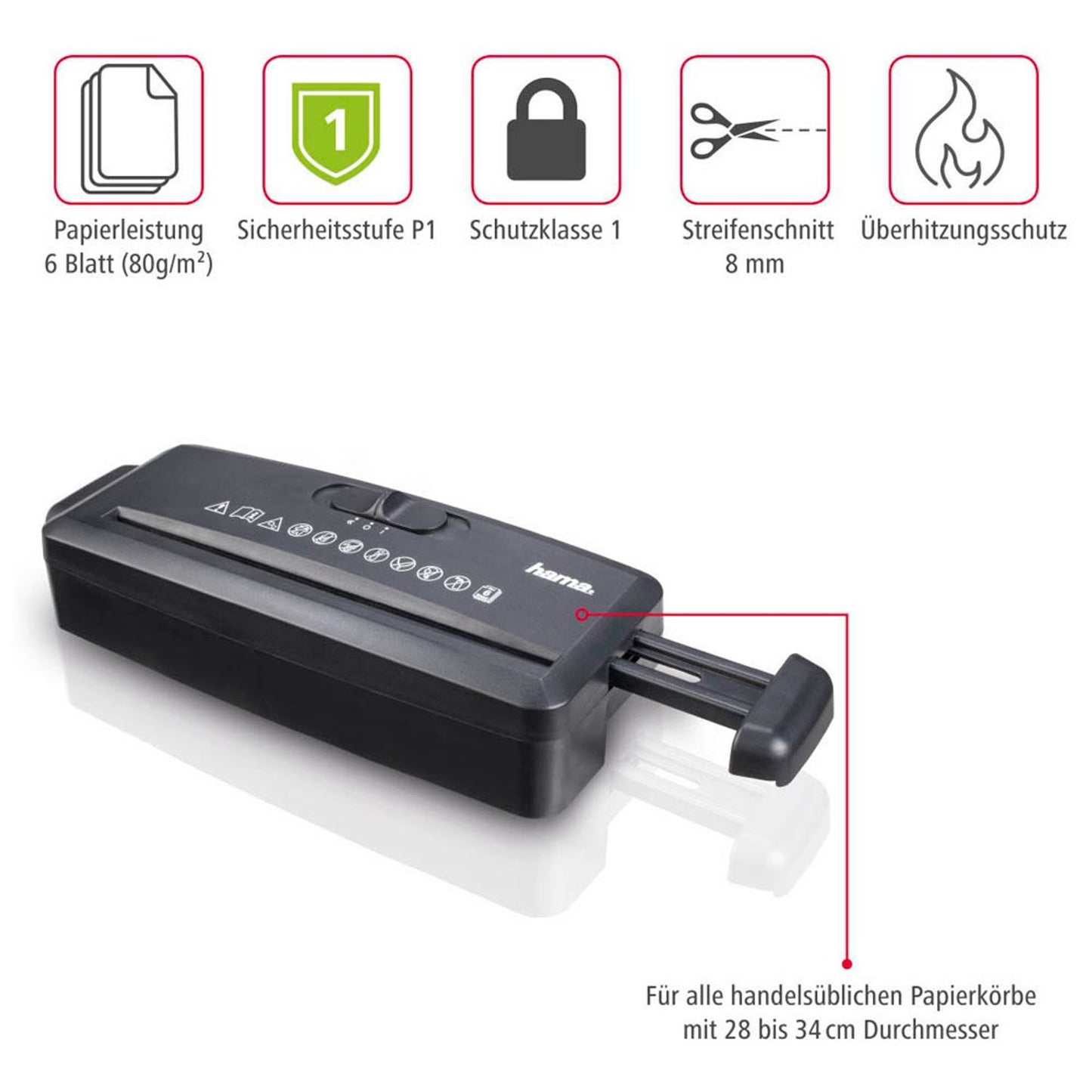 hama Mini S6 Aktenvernichter mit Streifenschnitt P-1, 8 mm, bis , schwarz | 50540