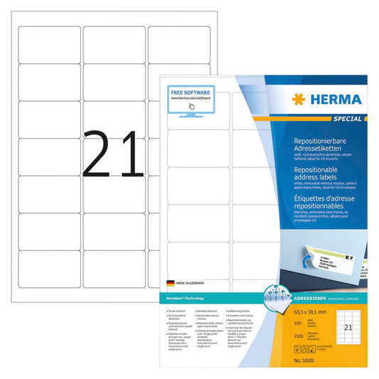 HERMA Adressetiketten weiß 63,5 x 38,1 mm | 10301 | 1 Pack = 100 Blatt
