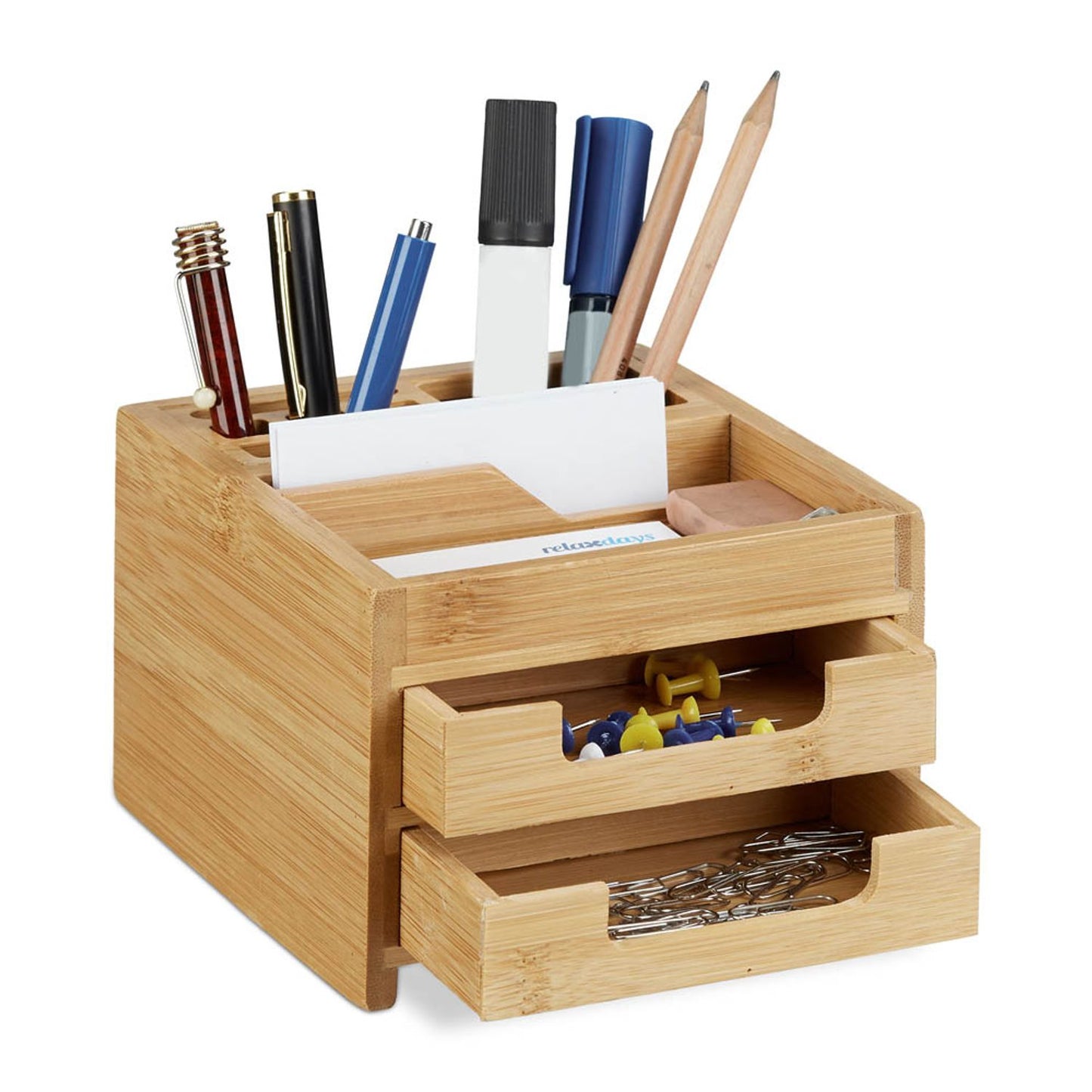 relaxdays Schreibtisch-Organizer braun Bambus 2 Stifteboxen, 2 Schubfächer, 1 flaches Fach Fächer 12,5 x 15,0 x 9,5 cm | 10022189_0
