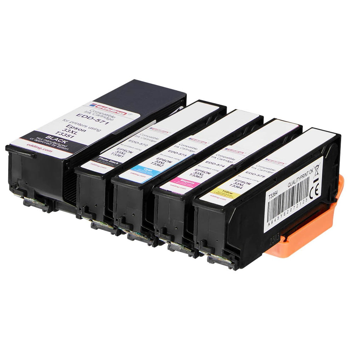 edding EDD-582 schwarz, cyan, magenta, gelb, Foto schwarz Druckerpatronen kompatibel zu EPSON 33XL / T3357XL, 5er-Set | 18-582 | 1 Pack = 5 St.