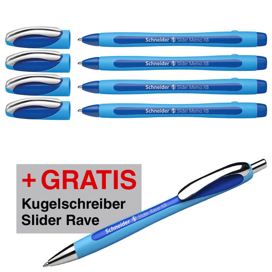 Schneider Kugelschreiber Slider Memo, Schreibfarbe: blau, 4 St. + GRATIS Schneider Kugelschreiber Slider Rave
