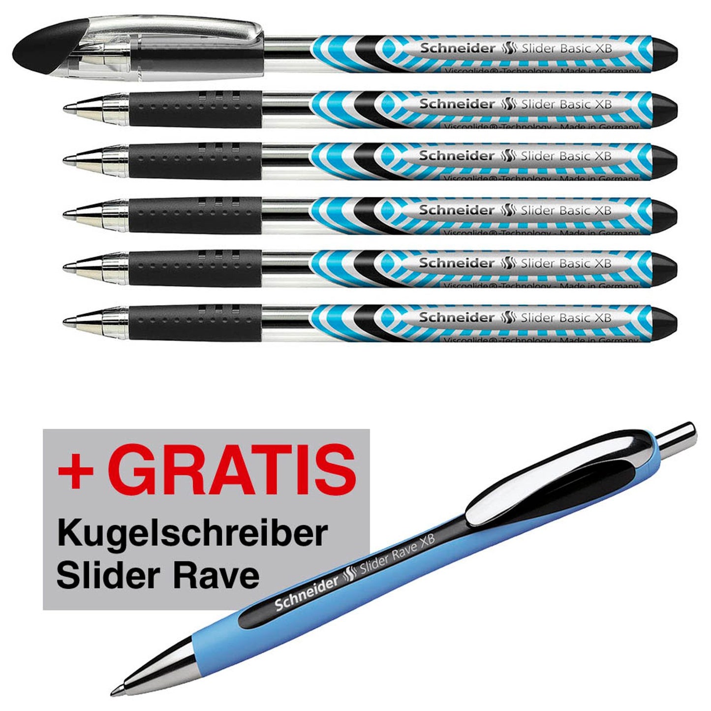 Schneider Kugelschreiber Slider Basic, Schreibfarbe:, 6 St. + GRATIS Slider Kugelschreiber Rave XB,