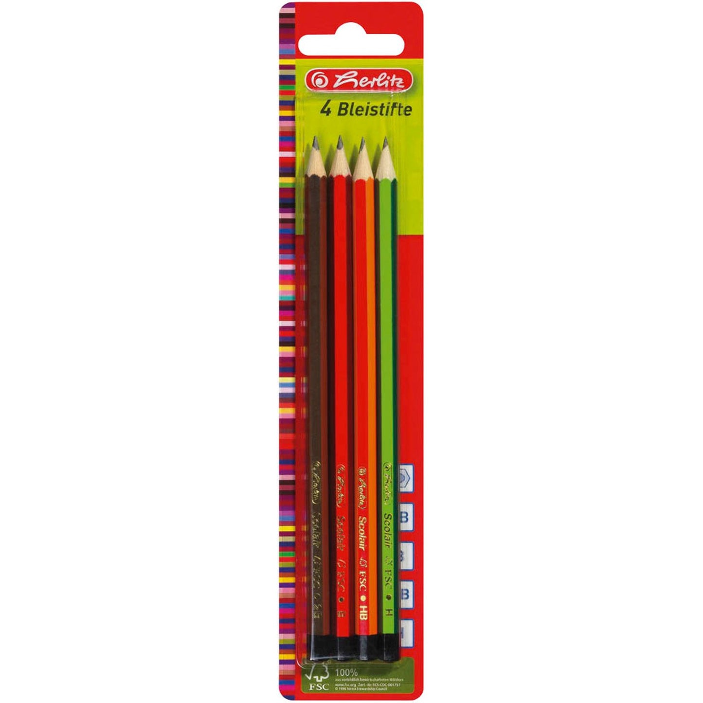 herlitz Scolair Bleistifte B, H, HB, 2B farbsortiert | 300010418 | 1 Pack = 4 St.