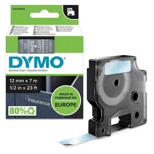 DYMO Schriftband D1 , 12 mm weiß auf transparent | S0720600