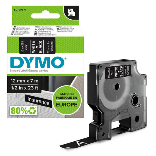 DYMO Schriftband D1 , 12 mm weiß auf schwarz | S0720610