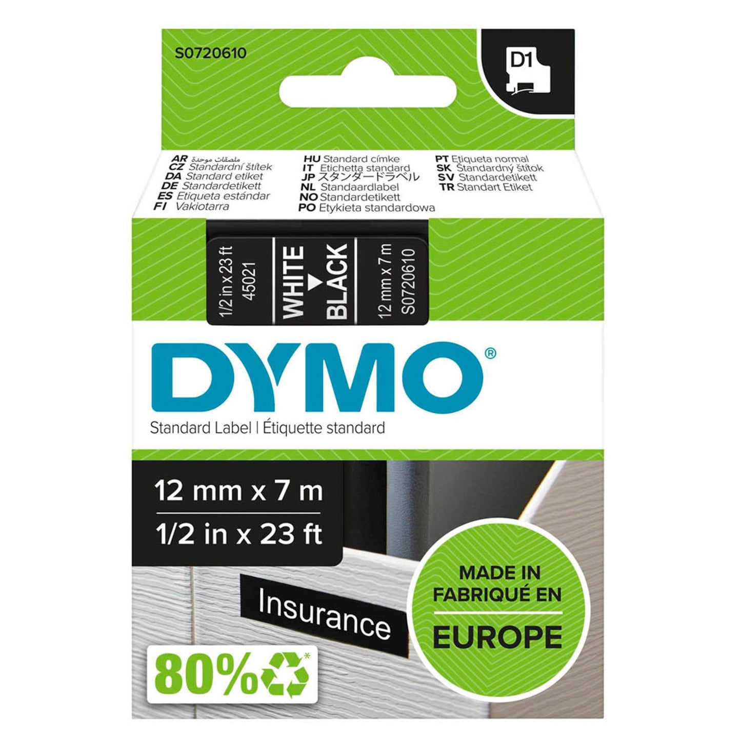DYMO Schriftband D1 , 12 mm weiß auf schwarz | S0720610